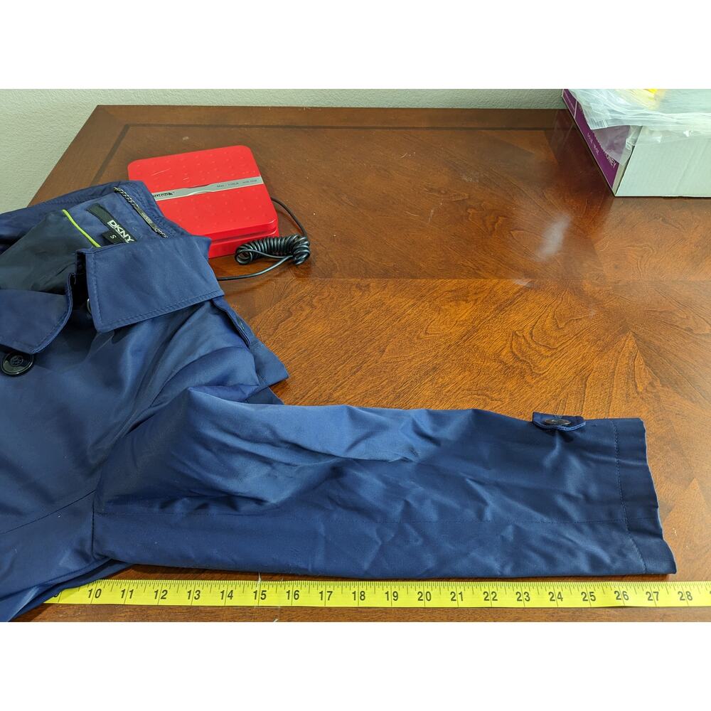 DKNY Double Breasted Trench Coat S Blue Mid Length Long Jacket Windbreaker Light - Picture 10 of 13